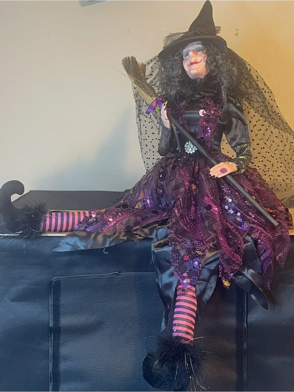 31” Halloween Gothic Wicked Witch Shelf Sitter Doll Purple Sequins w/Broom Stick